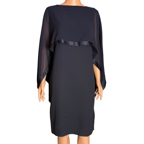 Talbots Navy Blue Sleeveless Chiffon Cape Dress 8 Silk Trim Evening Wear Luxe - Picture 2 of 5